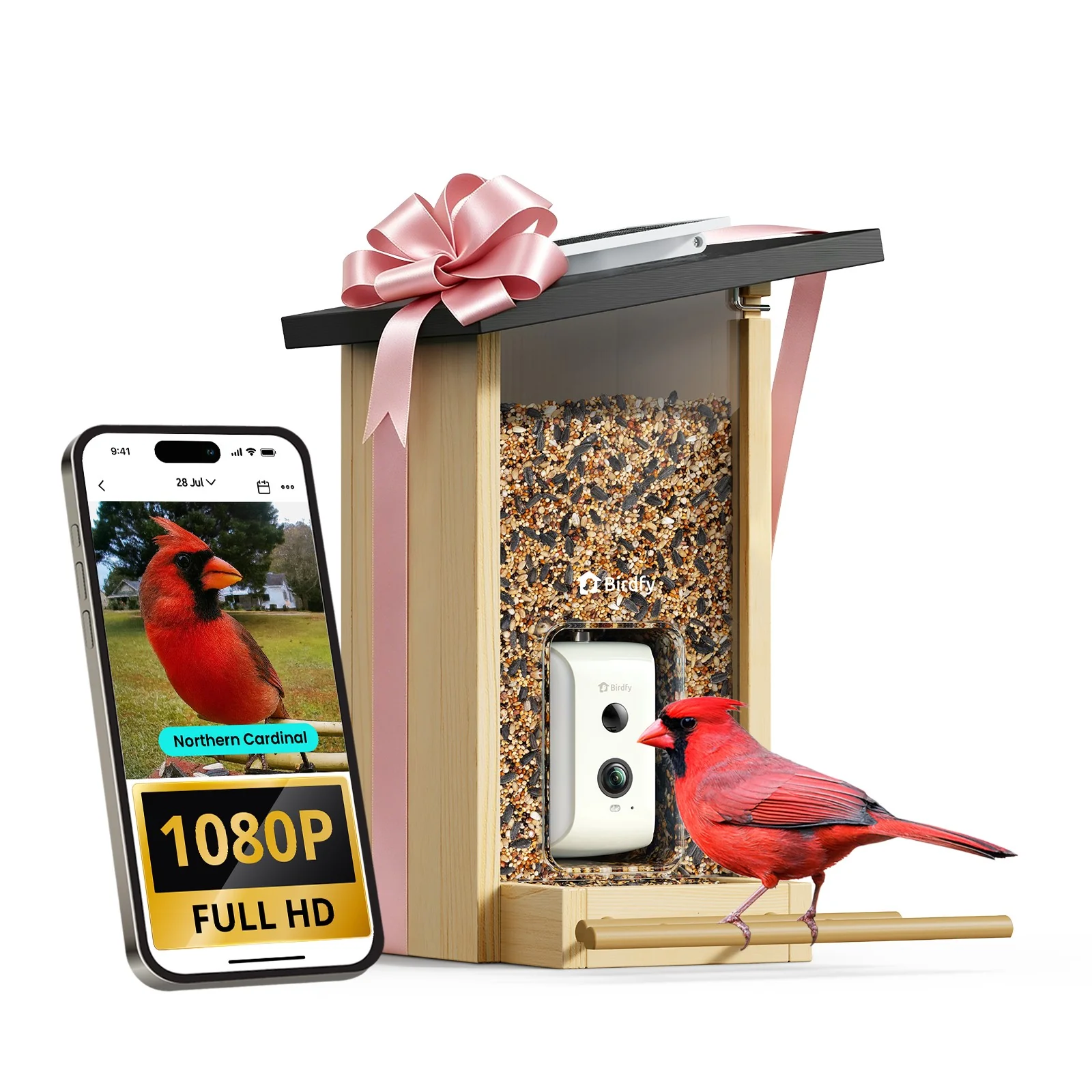 Birdfy Smart Bird Feeder with Camera, Bird Watching Camera with Solar Panel, AI Identify 6000+ Species, Eco-friendly Wooden, Ideal Gift, Ebony