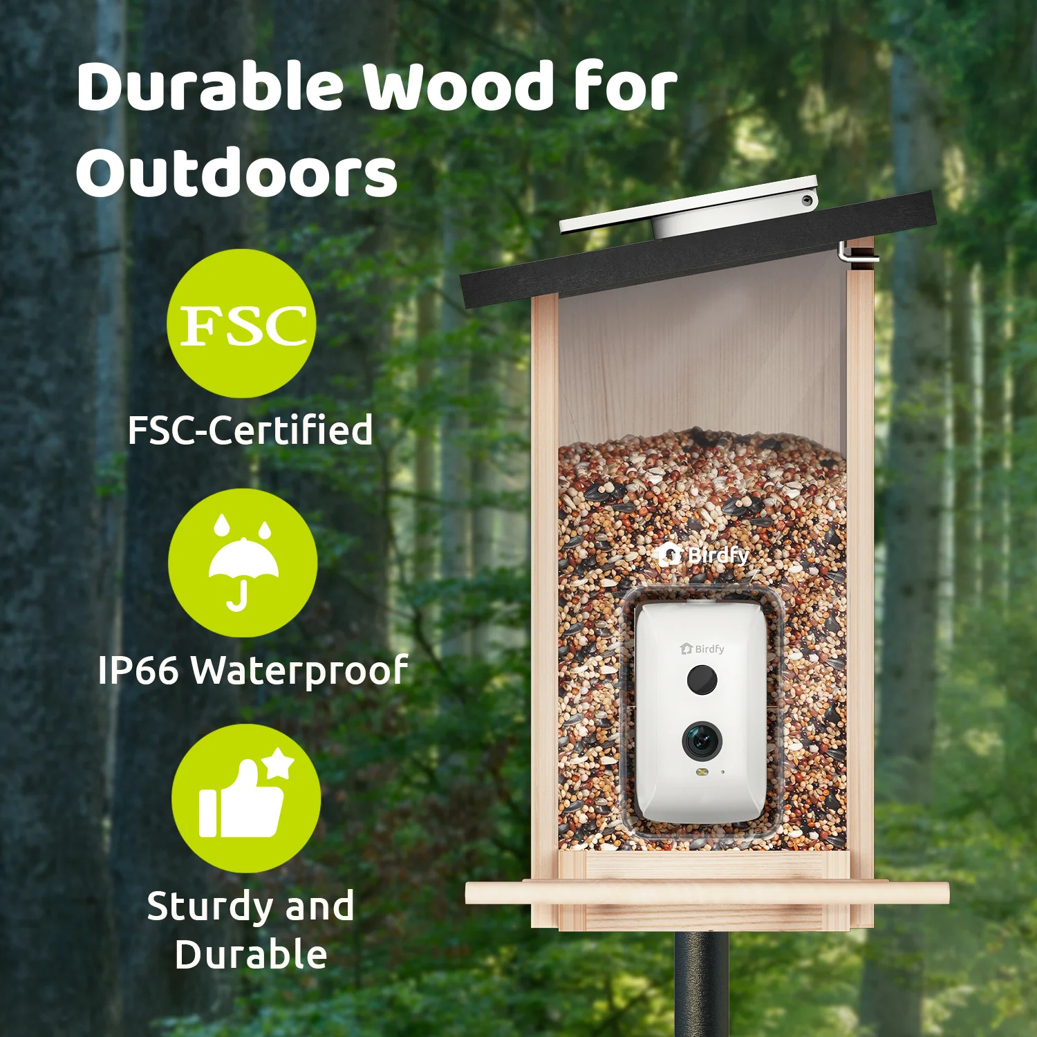 Birdfy Smart Bird Feeder with Camera, Bird Watching Camera with Solar Panel, AI Identify 6000+ Species, Eco-friendly Wooden, Ideal Gift, Ebony - Image 2