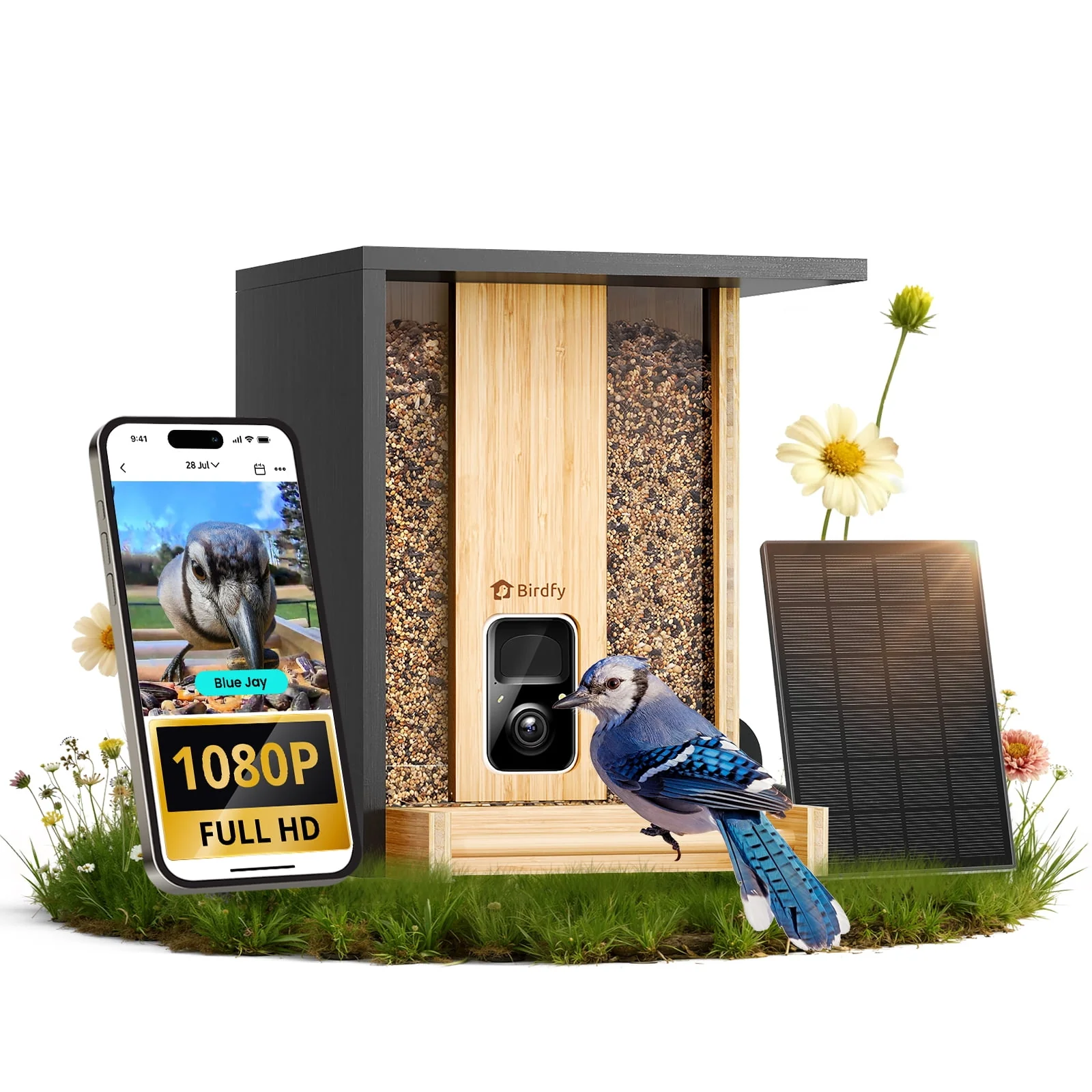 Netvue Bird Feeder Bamboo Wood Solar-Powered Bird Feeder Camera | AI Bird Camera Auto Capture Birds & Notify in Time | Eco-friendly | Ideal Gift for Bird Lovers
